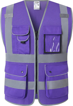 9 Pockets Class 2 High Visibility Zipper Front Safety Vest with Reflective Strips, Meets ANSI/ISEA Standards (Large, 150-Pink)